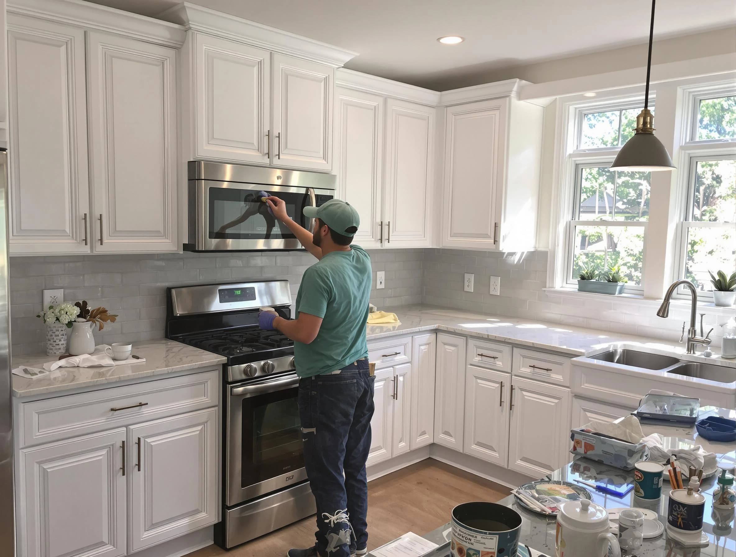 Kitchen cabinets being refinished by Cleveland House Painters in Cleveland, OH