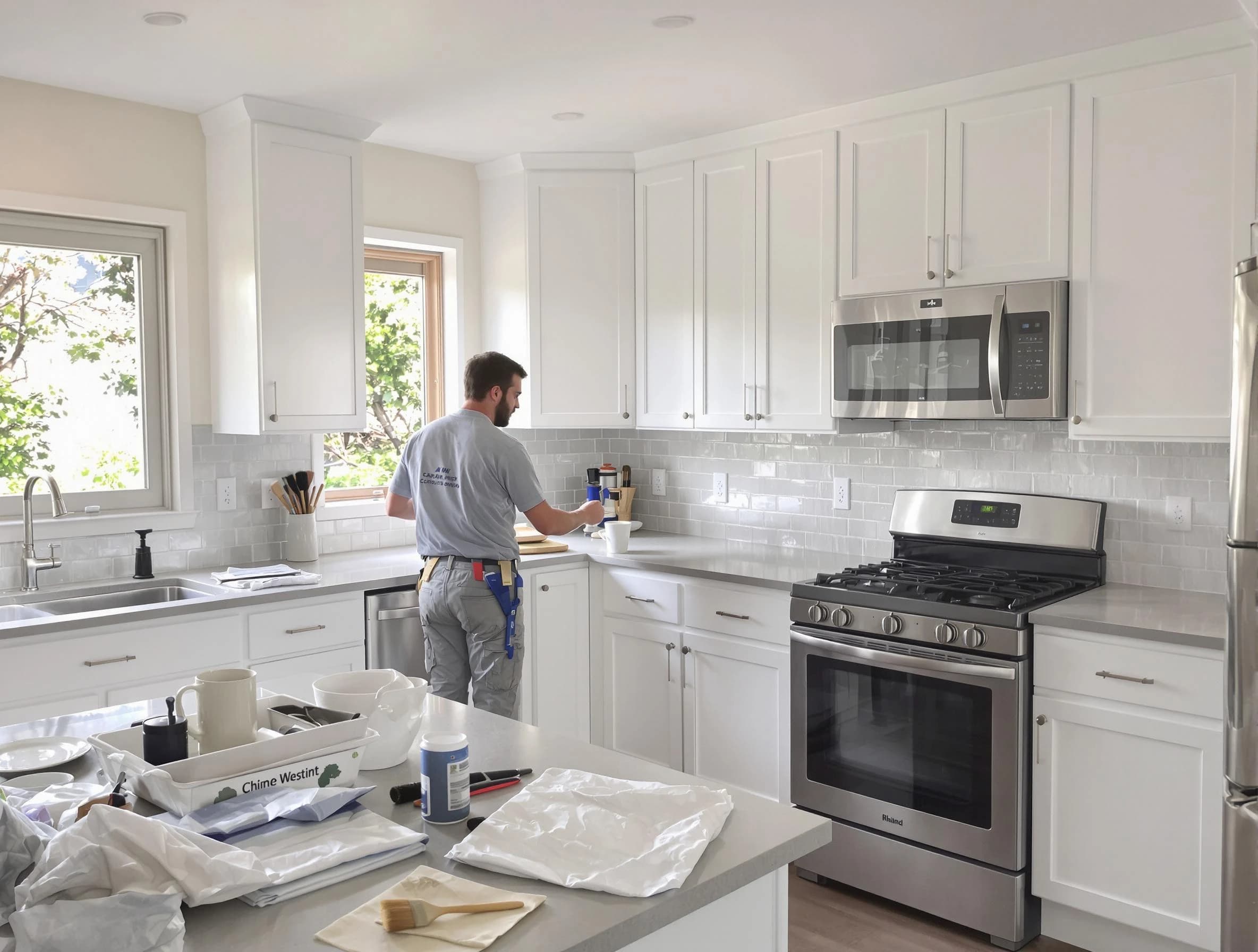 Cleveland House Painters applying fresh paint on kitchen cabinets in Cleveland