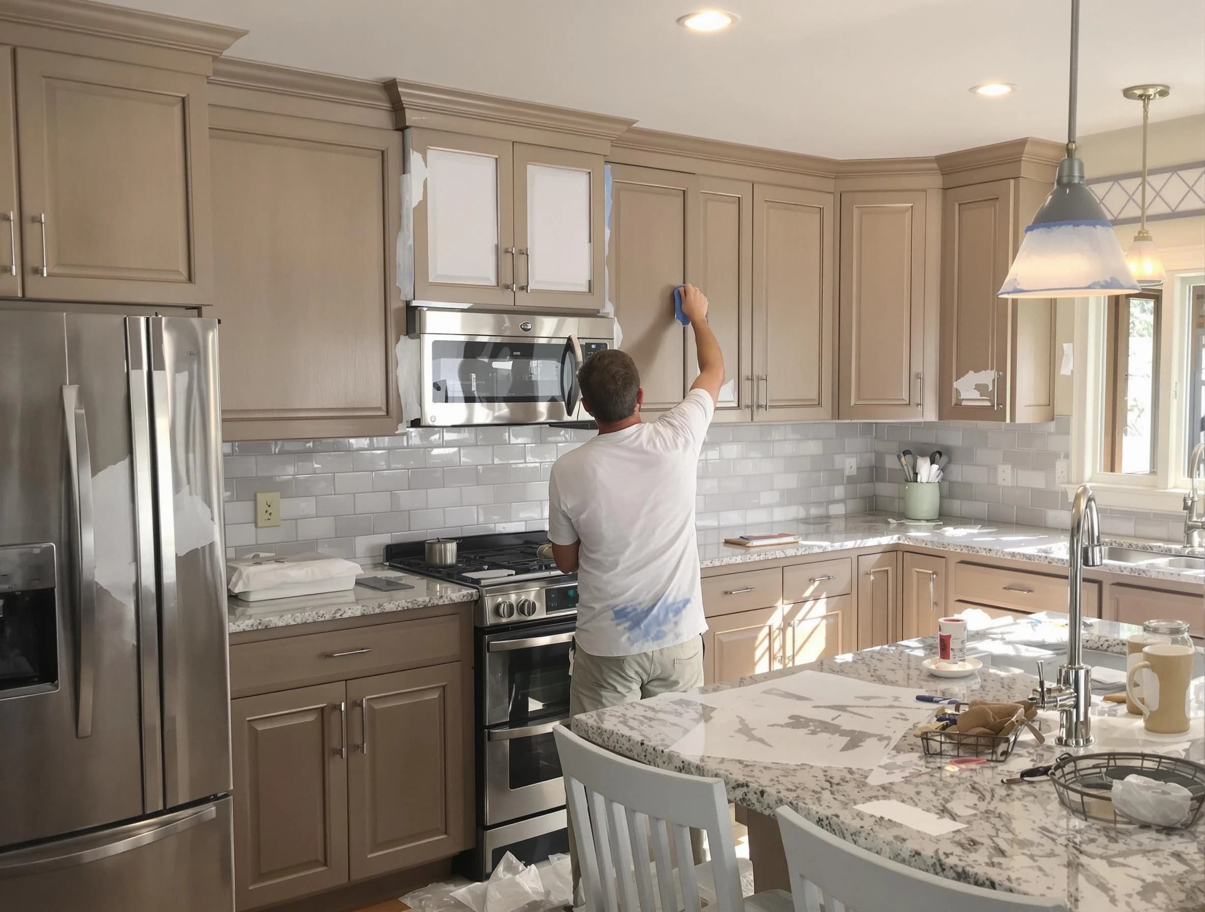 Before-and-after view of kitchen painting by Cleveland House Painters in Cleveland